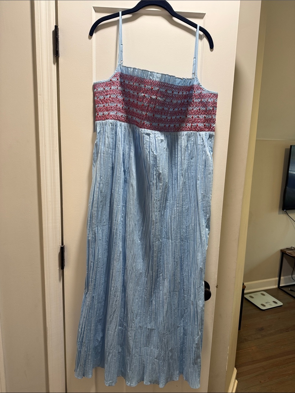NWOT J. Crew Light Blue & Red Catania Crinkled Maxi Dress, size XL - Picture 2 of 7